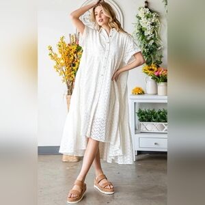 OLI + HALI Camilla Midi Dress White Eyelet Cotton Tiered Oversized Sz S
